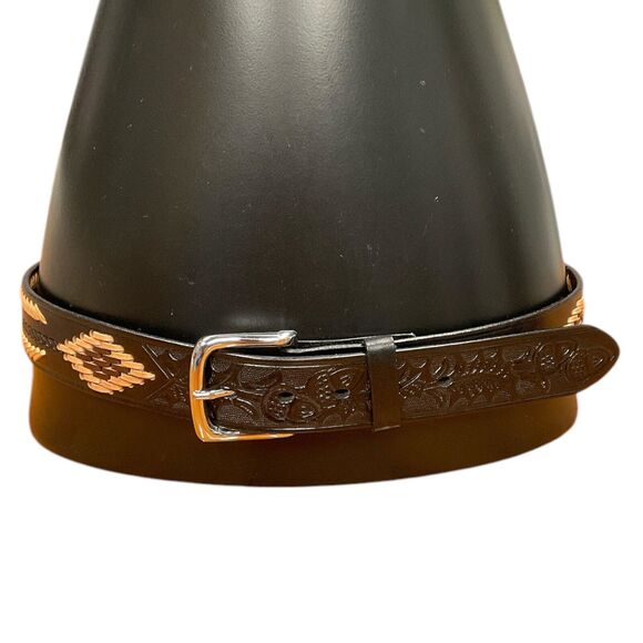 Black Leather Mens 36 Western Belt Tan Brown Stitching Southwest Rodeo Cowboy - Picture 3 of 7